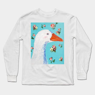 White goose and English roses Long Sleeve T-Shirt